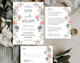 Wildflower Wreath Wedding Invitation Template, Boho Floral (Printable)
