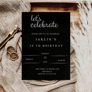 Let&#39;s Celebrate Invitation Template, Editable Surprise Birthday Party Invite, Anniversary Invites, Blacj Digital Invite,