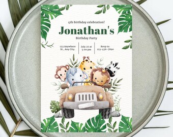 May include: A jungle-themed birthday party invitation with a green, leafy border. The invitation features a cartoon jeep with a monkey, elephant, giraffe, lion, and zebra riding inside. The text reads "4th birthday celebration! Jonathan's Birthday Party" with details for the party including the date, time, location, and RSVP information.