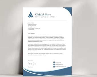 May include: A blue and white resignation letter template with a blue triangle logo and the text "Chiaki Sato Resignation Letter". The letter is addressed to Mr. Jonathan and includes the date, sender's name, address, and contact information.