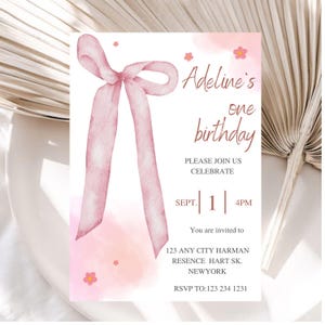 Pink Bow 1st Birthday Invitation Girl, First Birthday Template Printable, Pink Coquette Bow Invitation 1st Birthday Girl Invite