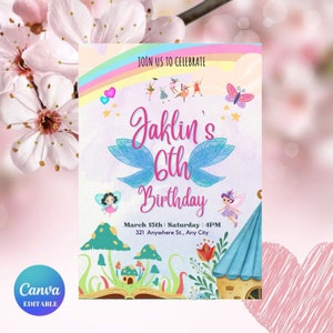 Editable Fairy Birthday Invitation Whimsical Enchanted,Fairy Party Magical Floral Fairy Princess Party Instant Download Editable - CANVA-