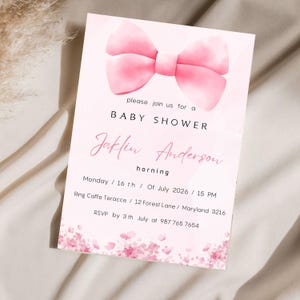 EDITABLE Pink Bow Invitation for Baby Shower, Minimalist Baby Shower Pink Watercolor Ribbon Blush Pink 1st Birthday Digital Template
