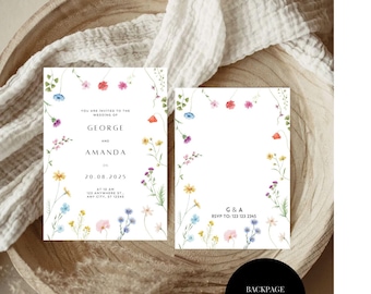 Wildflower Wedding Invitation Template, Boho Floral Wreath (Digital Download)