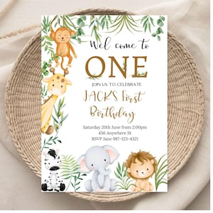 Wild One Birthday Boy Invitation, EDITABLE Safari Animals Party Invite Template, Jungle Safari Theme First Birthday, Instant Download, KP084