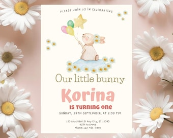 Bunny 1st Birthday Invitation, Pink Daisies (Digital Download)
