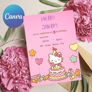 Kawaii Kitten Birthday Invitation | Cute Birthday Theme | Pink Digital Invitation | Editable Invitation | Canva Template | Cute Cat Invite