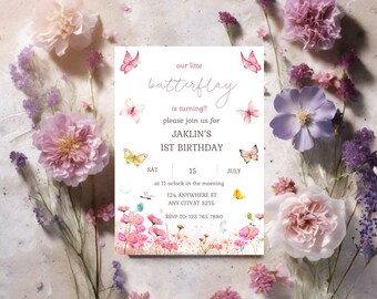 Floral Butterfly 1st Birthday Invitation, Pink & Purple (Digital Download)