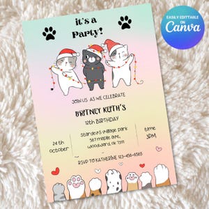 Cat Birthday Invitation, Printable Kitten Invite, Digital invitation, Pet invitations, Editable Kids Template card, Instant Download