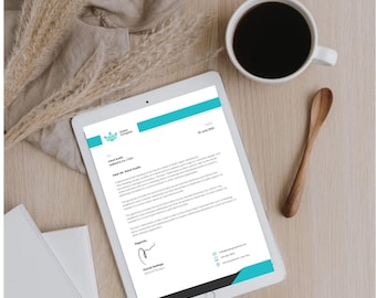 May include: A white tablet with a blue and green header. The header has a logo with a green leaf and the text "Caring Company". The tablet displays a letter dated 29 June 2022 addressed to "Mr. Arthur Bundis". The letter is signed "David Gallagher".