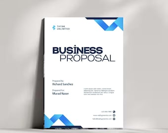 May include: A white business proposal document with blue geometric accents. The document features the text "BUSINESS PROPOSAL" in a bold, dark blue font. The company logo "THYNK UNLIMITED" is at the top. Contact information and website are at the bottom.