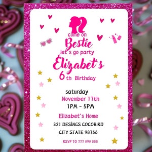 Hot Pink Birthday Party Invitation | Pink Doll Party Printable Invitation | Doll Invitation Template | Kids Birthday Invite