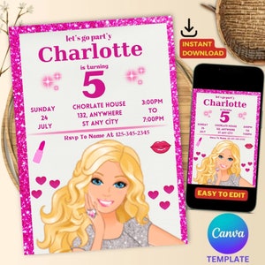 Fashion Doll Birthday Invitation | Pink Doll Party invitation | Pink Sparkle Invitation | Glitter Pink Printable Invite | Invite for Girls
