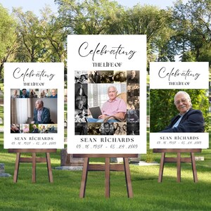 Modelli di set di cartelli per collage di foto funebri, modello di cartello di benvenuto per funerali, celebrazione della vita, in amorevole ricordo, formato poster commemorativo