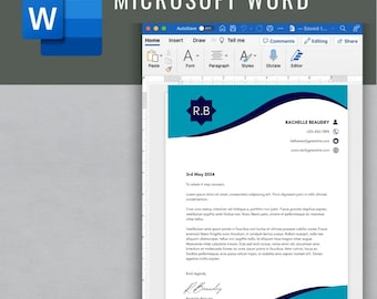 May include: A blue and white business letterhead template with the initials "R.B." in a starburst shape. The template includes a blue wave design and contact information for Rochelle Beaudry.