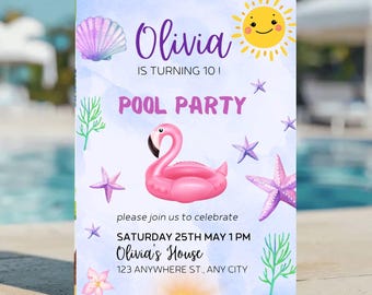Pool Party Birthday Invitation, Editable Canva Template (Digital)