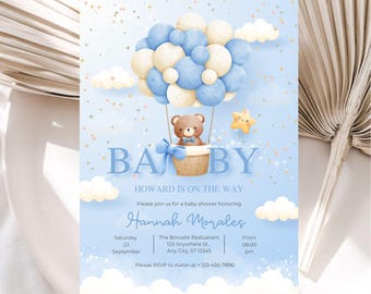 Editable Bear Baby Shower Invitation, Blue Hot Air Balloon (Digital Download)