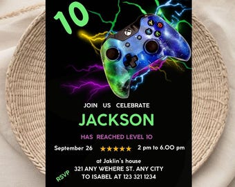 Editable Video Game Birthday Invitation, Neon Glow, Level Up (Digital)