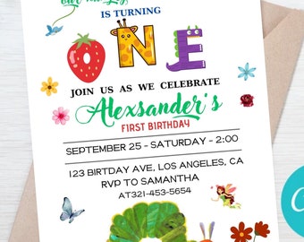 Hungry Caterpillar First Birthday Invitation, Editable Canva Invite (Digital Item)