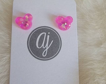 Hot pink glitter mouse earrings RTS, bright pink, stocking stuffer