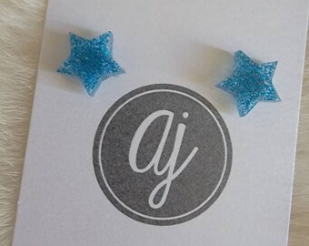 Glitter star earrings RTS blue/turquoise, stocking stuffer