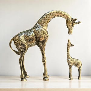 Brass Giraffe Figurines: Mother and Baby Set, African Decor
