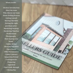 May include: A guide for sellers navigating the sale of their home. The guide includes a checklist of steps, from realtor introduction to closing day. The cover features a photo of a modern home.