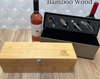 Logo branded Wooden Wine Box with Tools Wine Accessories Set Realtor Closing Gift Housewarming Gift Custom Wine Gift Business Client Present