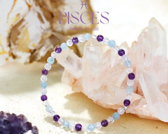 Pulsera de Piscis - Pulsera de cristal del zodíaco - Cristal curativo - Pulsera de cuentas de piedras preciosas - Regalo de cumpleaños del zodíaco - Cristales de piedra de nacimiento naturales