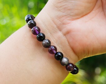 Pulsera de Triple Protección - Pulsera de Cristal Curativo - Apoyo Emocional - Gema Energética - Pulsera de Cuentas de Piedra Natural de 8 mm - Amatista