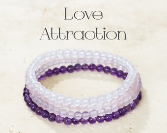 Juego de pulseras Love Attraction - Juego de 4 pulseras de cristal curativo de 4 mm - Apoyo emocional - Juego de regalo - Cuentas de piedra natural - Amatista - Regalo