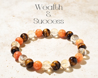 Pulsera de riqueza y éxito - Pulsera de cristal curativo de 8 mm - Ojo de tigre - Pulsera de cuentas de piedra natural - Apoyo emocional - Piedra preciosa energética