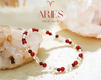 Pulsera de Aries - Pulsera de cristal del zodíaco - Cristal curativo - Pulsera de cuentas de piedras preciosas de 4 mm - Regalo de cumpleaños del zodíaco - Cristales de piedra de nacimiento naturales