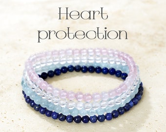 Juego de 4 pulseras de cristal curativo de 4 mm para proteger el corazón. Apoyo emocional. Pulsera de cuentas de piedra natural de cuarzo rosa.