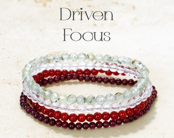 Conjunto de pulseras "Driven Focus" - Conjunto de 4 pulseras de cristal curativo de 4 mm - Apoyo emocional - Set de regalo - Cuentas de piedra natural - Granate