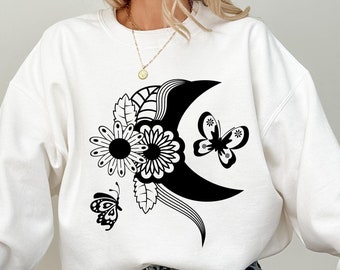 Floral Moon Graphic Sweatshirt: Celestial Astronomy Tee