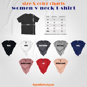 May include: Size chart for women's V-neck t-shirts in various colors, including black, white, dark heather, sport grey, navy, heather mauve, red, and heather peach. The chart shows the width and length measurements in inches for sizes S, M, L, XL, and 2XL.