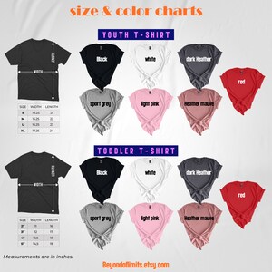 May include: Size and color chart for youth and toddler t-shirts. The chart shows the different sizes and colors available for each type of shirt. The sizes are listed in inches. The colors include black, white, dark heather, sport grey, light pink, heather mauve, and red.