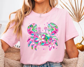 Camiseta floral de cangrejo rosa: Vibras de verano de playa tropical