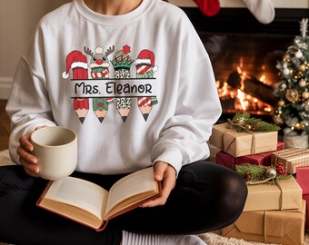 Personalized Christmas Name Sweatshirt: Custom Xmas Pencil Design Hoodie, Teacher Holiday Tee