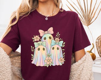 Camiseta de fantasmas, camiseta iridiscente de Halloween, flores silvestres