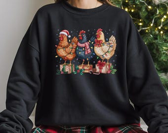 Sudadera con pollitos navideños: Sudadera con capucha de animales de granja navideños