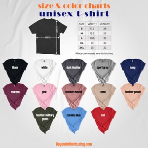 May include: Unisex t-shirt size chart with measurements in inches. The chart shows the width and length of the t-shirt in different sizes: S, M, L, XL, and 2XL. The chart also shows a variety of t-shirt colors, including black, white, dark heather, sport grey, navy, maroon, pink, heather mauve, sand, heather peach, heather military green, carolina blue, and red.
