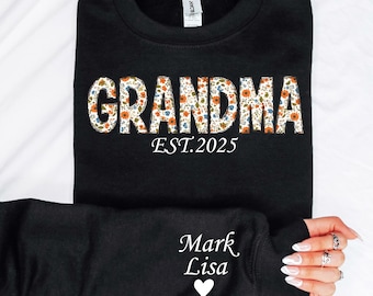 Custom Grandma  Long sleeve ,Floral Applique Grandma Sweatshirt ,Grandma Sweatshirt with Kids on Sleeve, Personalized Nana Gifts