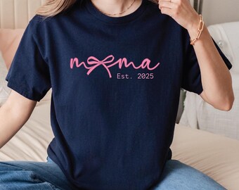 Mama Est 2025, Coquette Bow Shirt - Softstyle Cotton Blend | Pink New Mom Keepsake Gift
