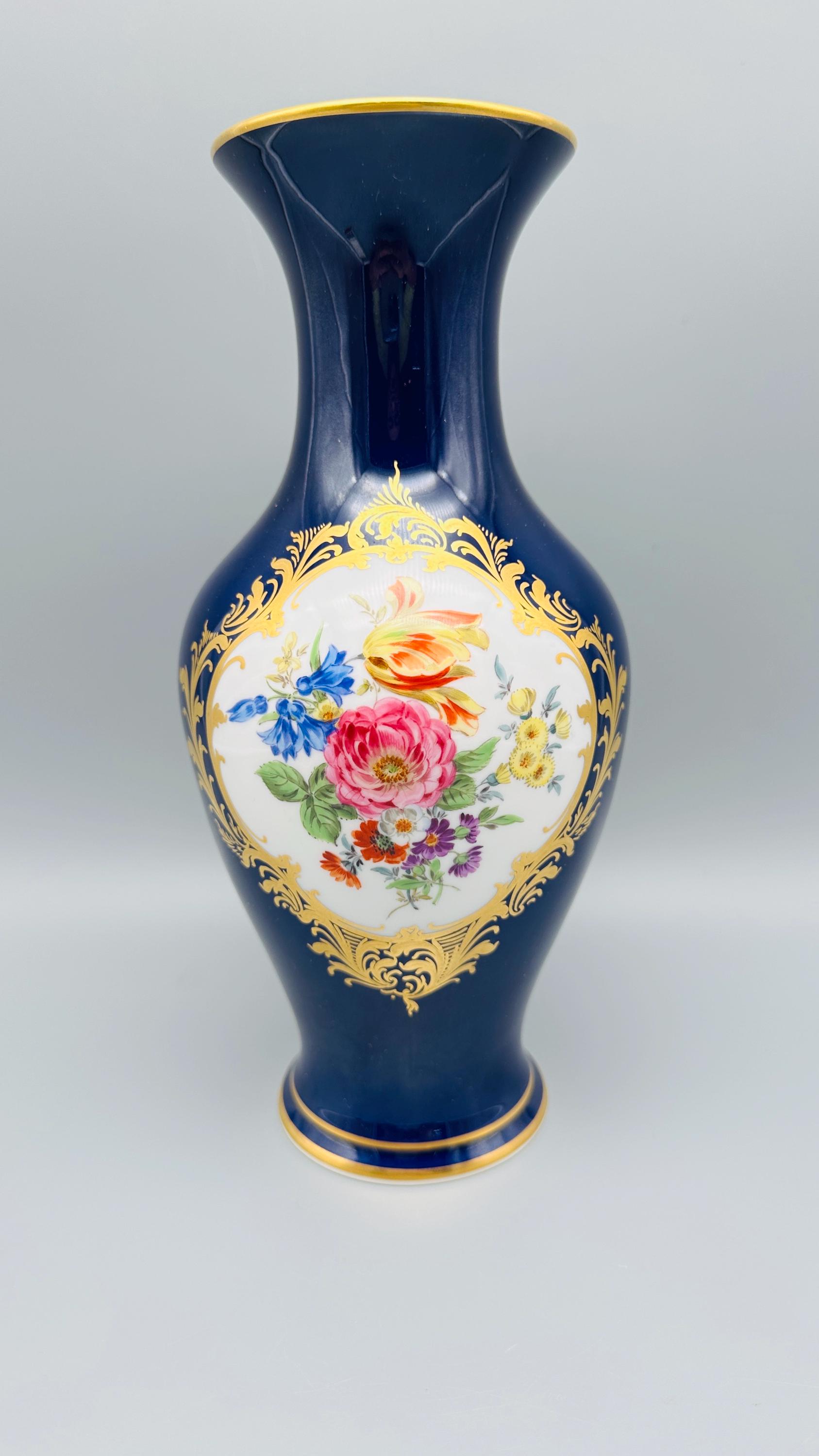 マイセン 花瓶 コバルトブルー コバルトフラワーブーケ ゴールド装飾