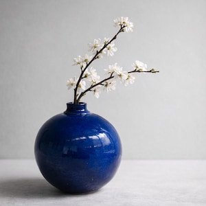 Könnte beinhalten: Eine runde, kobaltblaue Keramikvase enthält einen zarten Zweig mit kleinen weißen Blüten. Die Vase hat eine glänzende Oberfläche und einen schmalen Hals. Das Arrangement ist vor einem neutralen grauen Hintergrund platziert und erzeugt eine schlichte, elegante Ästhetik.