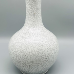 Può includere: Vaso in ceramica bianca con finitura craquelé. Il vaso ha un corpo rotondo e un collo stretto.