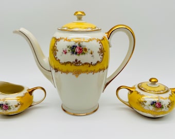 Antique Rosenthal Coffee Set Yellow Gold Hand Painted Roses Porcelain Teapot Creamer Sugar Bowl Rococo Vintage 1920 Germany