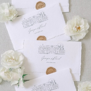Inviti di nozze personalizzati fatti a mano - Carta di cotone con bordo frastagliato - Inviti di ispirazione vintage con sigillo di cera